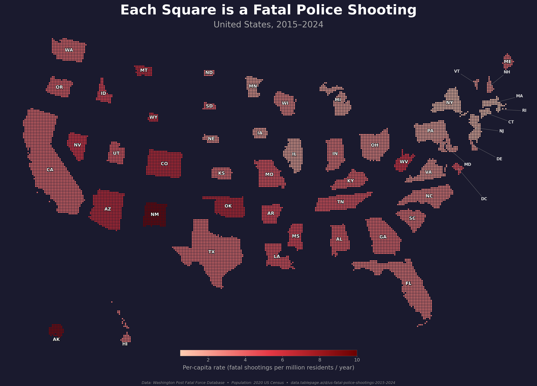 Each square is a fatal police shooting - US map showing per-capita rates by state, 2015-2024